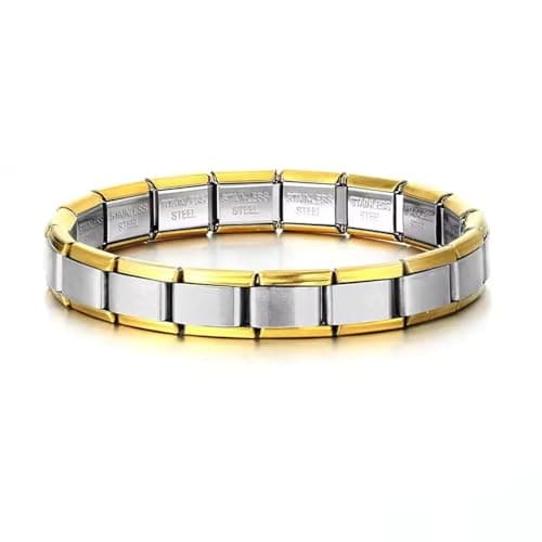 Julia Store Shiny 9mm Italian Charm Starter Bracelets 18 Links DIY Customization Elastic Interlocking 18K Gold Plated Edge Stainless Steel Modular Charm Bracelet Link Jewelry Gift Men Women