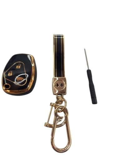 LOKYBOY Black and Gold TPU Car Key Cover with Keychain | Includes screwdriver, full key protection, gold metal chain, elegant two button design, easy to install