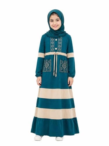 Girls Maxi ISDAL Embroidered, Long Sleeve, Striped, Modest Islamic Wear - Petrol Dress
