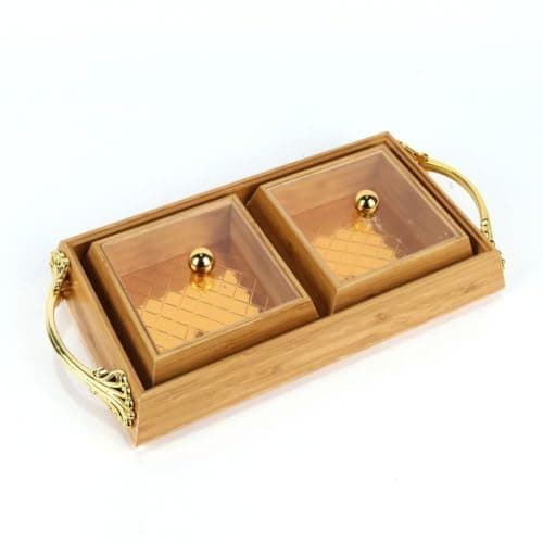 Generic Wooden Snack Tray with Gold Handles and Two Compartments, .mk