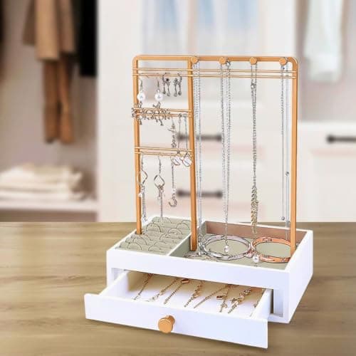 Elegant Jewelry Organizer Stand With Drawer - 3 Tier Tabletop Jewelry Holder Display For Necklaces Earrings Rings Bracelets Watches Removable Tray Vanity Organizer For Bedroom Dressing Table