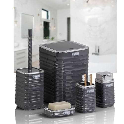 Luna 5 Piece Square Bathroom Set (Soap Dish, Soap Dispenser, Trash Bin, Toilet Brush and Holder, Toothbrush Holder) Chrome Lid (Grey)-Assorted Colors