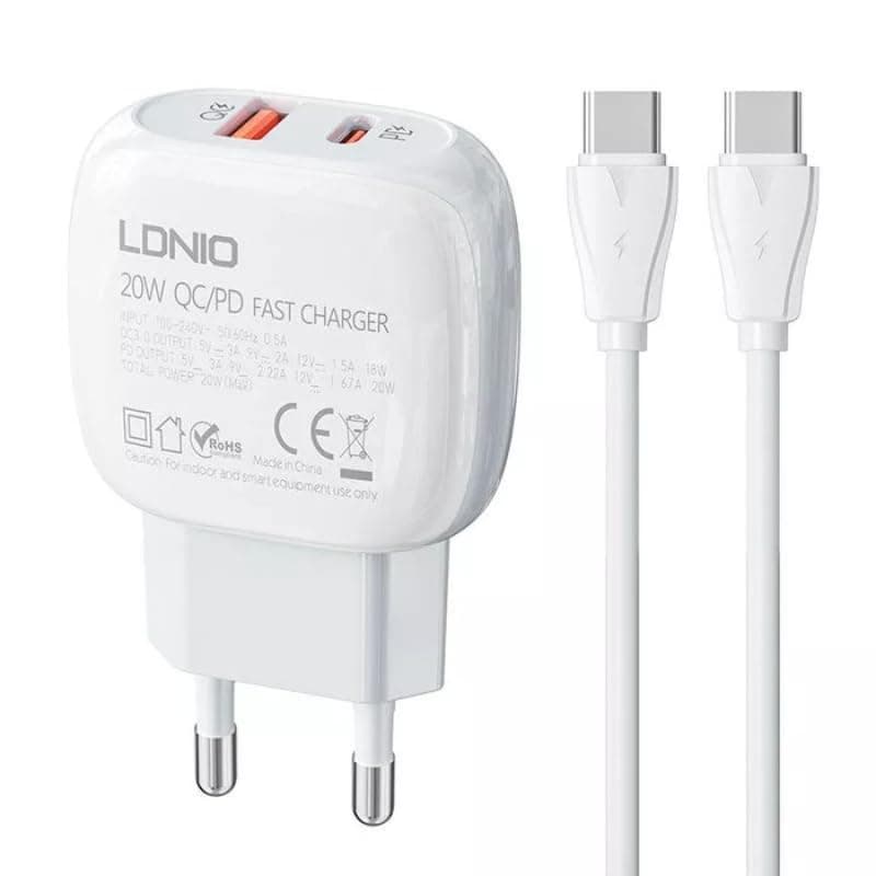 LDNIO A2313C Mobile Phone Charger EU Plug With Type C To Type C And USB Type C Cable 18W - White Charging adapter