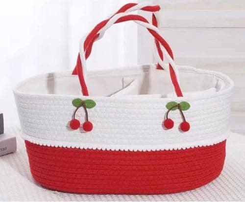 Generic Cotton Rope Baby Diaper Caddy Organiser, Handwoven Oval Basket with Dividers, Cherry Design, Red and White, .db
