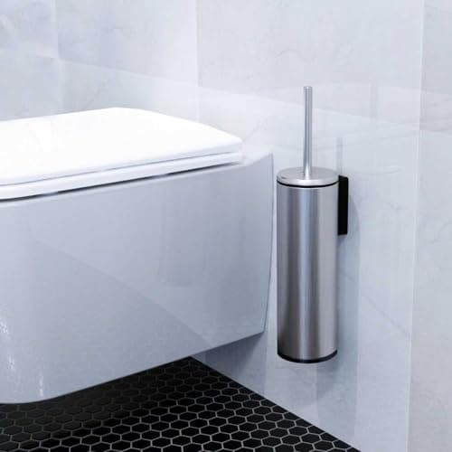 Cigo Wall Mounted Toilet Brush With Holder For Bathroom,Made of Aluminum With Long Handel Cleaning Brush, With Inner Bucket in Black. (Silver)