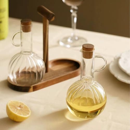 Generic 3-Piece Oil Dispenser Set,2 glass bottles,1 Wooden stand,Suitable for oil,vinegar, olive oil, Heat-resistant, Features a secure, tight-fitting stopper, Versatile set, Round, ribbed design, .Am