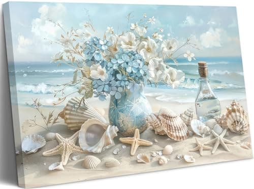 Blue Ocean Beach Conch Canvas Wall Art Starfish with White Flower in Vintage Vase Ocean Coast Picture Poster Prints Painting Artwork Wall Decor for Bathroom Living Room Bedroom Office 24''L x 16''W