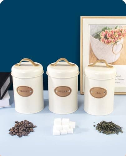 Generic Vintage Kitchen Storage Canisters Set, Metal with Gold Handle, Coffee Tea Sugar Containers, 1 kg Capacity, White, 3-Piece .soh Jar