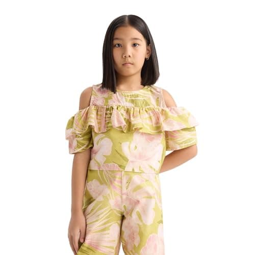 DeFacto Girl Casual Blouse Short Sleeve Woven Top Short Sleeve Blouse,Green 11/12 Y