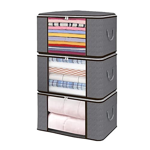 Protecu Large Clothing Storage Bins Box with Handles & Clear Window | Foldable Bedding Comforter Blanket Storage Bags with Zippers (Grey, 90L)