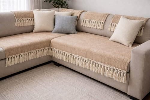 Generic Linen Sofa Cover Set with Decorative Tassel Trim, Beige, 10-Piece Set, 1 Large Sofa 195x90cm, 1 Medium Sofa 145x90cm, 2 Chairs 80x80cm, 6 Cushion Covers 45x45cm .flo (cafe) Furniture cover