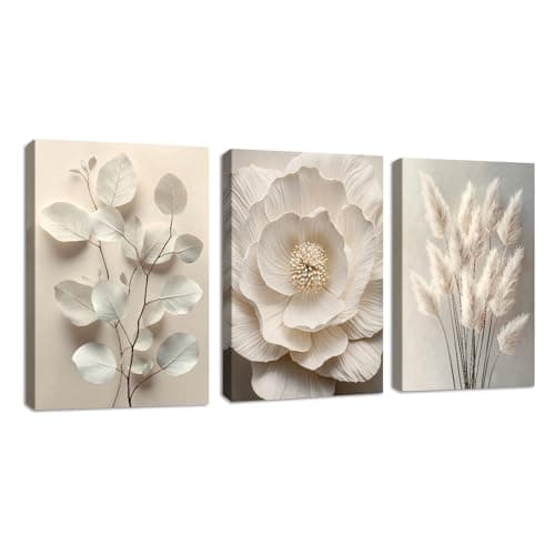 3 x Neutral Beige Floral Plant Wall Decoration Living Room Boho Flower Textured Botanical Print on Canvas Picture Paintings on Canvas Wall Decoration for Bedroom Home Bath 30 x 40 cm x 3 Wall art