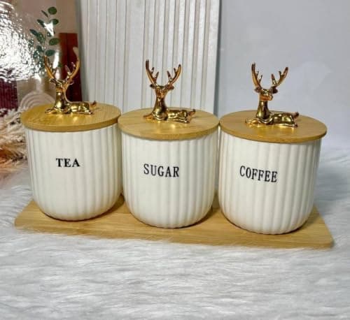 Generic Canister Set of 3, White with Lids, Gold Deer Handle, for Tea, Sugar and Coffee Storage, .Ais Food storage container