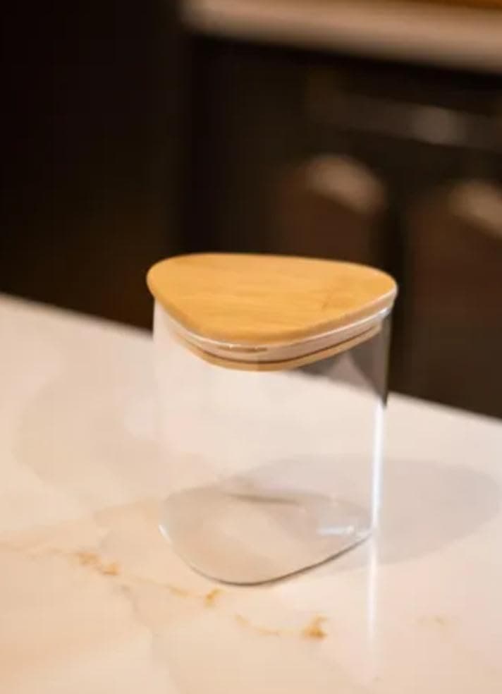Generic Glass Triangular Storage Jar with Wooden Lid, 350 ml, for Legumes, Spices and Seasonings, .soh