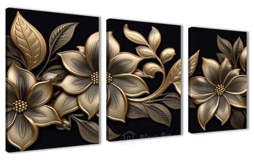 NOVA ART Canvas Wall Art Golden Flowers and Leaves on Black Background Wall Decor for Bedroom Living Room Office Etc Modern Home Decor 30cm x 40cm x 3pcs
