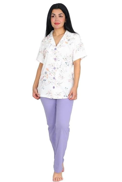 Women's Pajama Button Cotton Polyester Purple Pink Short Sleeve Shirt and Pants