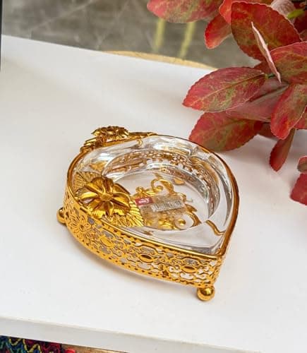 Generic Glass Ashtray with Gold Metal Stand, Floral Decorative, .soh