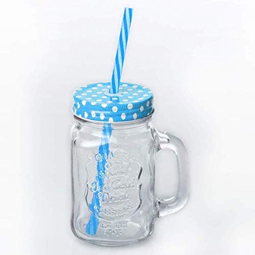 Kosh Mason Jar With Lid And Straw For Drinks, Beverages Fruit Juice Glass Airtight Frosty Jar with Handle Mason mug Jars set with Lid and Reusable Straw (Random Color, Clear, 450 ml) (1 PC) Drinking cup