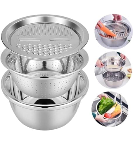 Multifunctional Stainless Steel Drain Basket, Vegetable Slicer Graters Cheese Grater Salad and dough Bowl مصفاة متعددة الوظائف من الفولاذ المقاوم للصدأ، وعاء سلطة و عجانة و مبشرة الجبن و الخضروات Food grater
