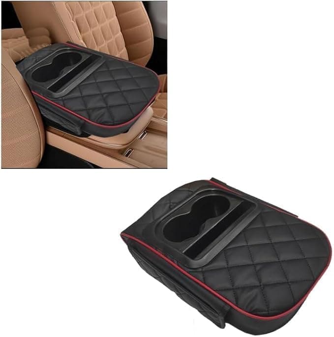 Universal Car Armrest Compact Design with Lift Pad Cup Holder Phone Slot Side Pockets (Black)