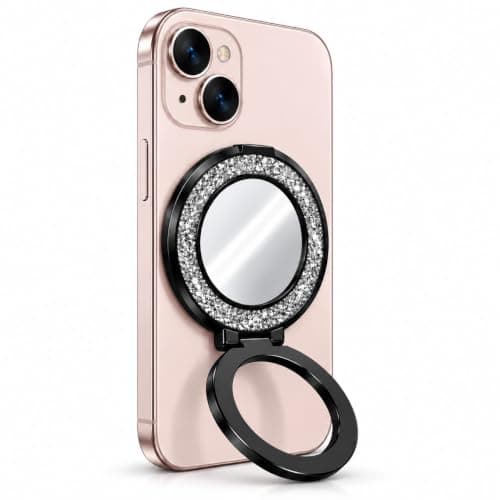 Mirror Phone Ring Stand with HD Mirror, Glitter Design, 360° Rotating Finger Grip, Foldable Adjustable Phone Holder, Universal Adhesive for Smartphones, Stylish Mobile Phone Accessory, Black Cell phone grip