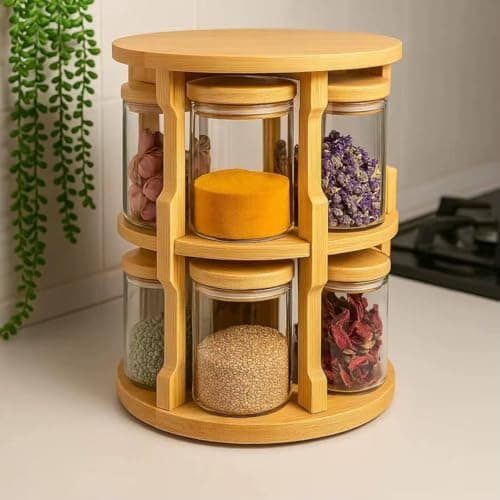 Generic Rotating Spice Rack with 10 Glass Jars, Bamboo Lids, Round Countertop Organiser Set, .abe Storage rack