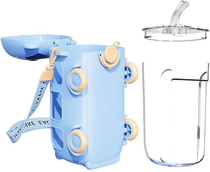 500ml Cartoon Bus Shape Water Bottle for Kids with Straw and Carrying Strap, Healthy and Cute Water Bottle for School and Trips, Free of Harmful Substances