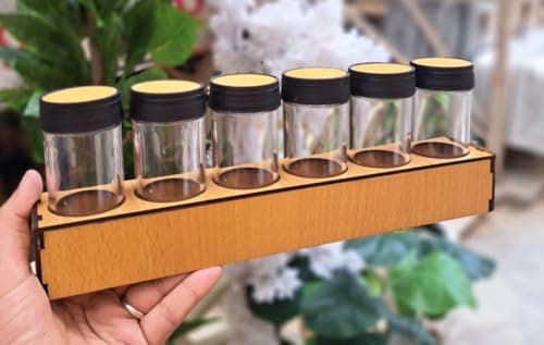 Generic Spice Jar Set with Wooden Stand, 6 Acrylic Shatterproof Jars, 100 ml Each, Clear, .mk Food storage container