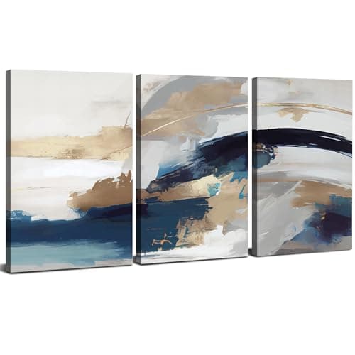 Set of 3 Wall Art Abstract Canvas Wall Art Navy Blue Beige and Gold Pictures for Living Room Office Modern Abstract Framed Wall Art Watercolor Paintings Artwork for Bedroom Home Decorations 30x40cm