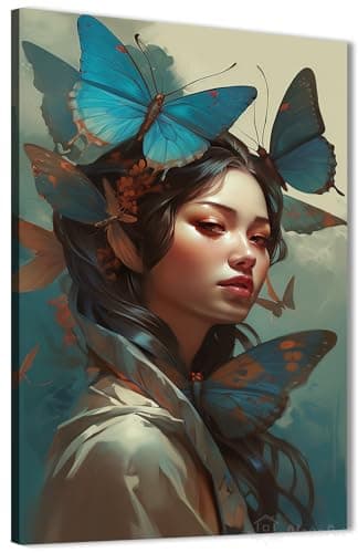Nova Art Canvas Wall Art Blue Butterflies Calm Face Print Wall Art for Bedroom Living Room Office Etc Modern Home Decor 40cm x 60cm