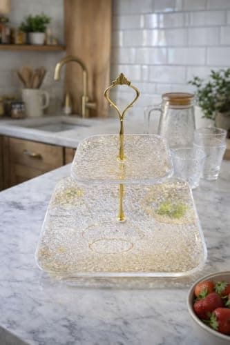 Generic Two-Tier Glass Serving Stand with Gold Handle, .Ais Item stand