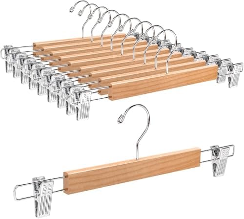 High-Grade Natural Bamboo Wood Clothes Hanger with Dual Adjustable Metal Clips for Pants Skirts and Accessories Home Closet Organization Rack