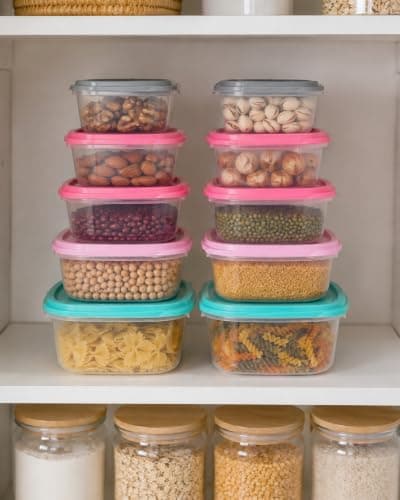 Clear Plastic Food Storage Containers with Colorful Lids | Stackable, Provisions & Pills, Airtight Lids, Kitchen Organization, Multicolor