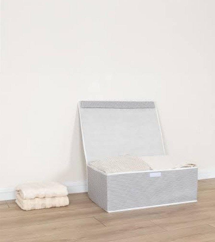 Generic Fabric Storage Box with Lid, Grey Striped, Dust and Moisture Protection, with Handles, 50 x 40 x 19 cm, .bI