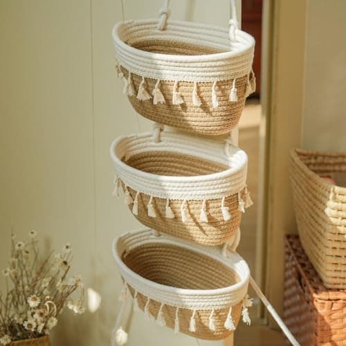TeoKJ Over The Door Hanging Baskets, 3-Tier Woven Cotton Storage Organizer Bag with Tassels Wall-Mounted Decorative Hanging Kitchen Baskets Item container