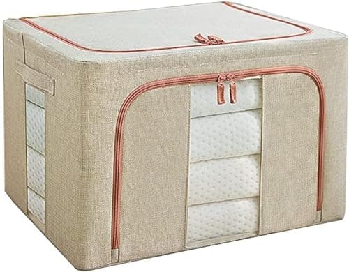 Foldable Storage Box with Lids, Clothes Storage Bag with Handles and Clear Window, Linen Fabric Foldable Closet Organizer for Clothes Blankets Comforters (Beige, 100L)