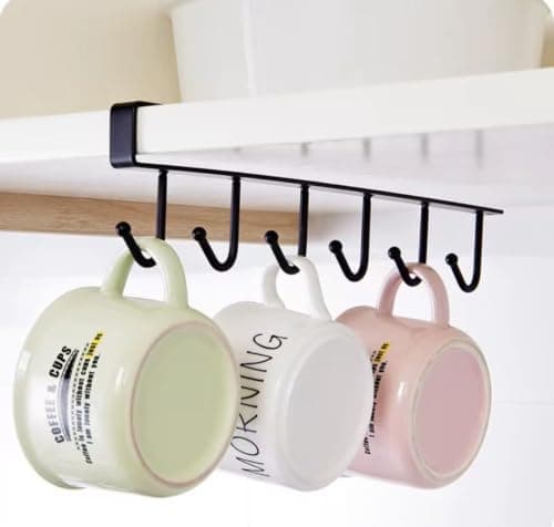 Under Shelf Kitchen Cup Holder - Metal Utensil Towel Organizer with 6 Hooks - Space Saving Storage Hanger for Cupboard, Cupboard, No Drilling