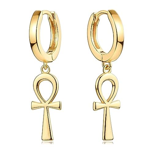 18K Gold Plated Ankh Cross Earrings For Women Men Stainless Steel Ancient Egyptian Symbol Gods Of Ankh Cross Dangle Hoop Earrings Charm Amulet Jewelry By Julia Store