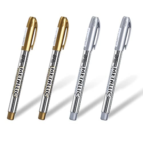 Gold Pen Silver Pen Metallic Marker Pens, 5pcs Metallic Permanent Markers Bling Writing Pen Highlight Marker Pens Glittering Permanent Gloss Wet Shine Effect for Painting (2pcs Gold+2pcs Silver) Marking pen