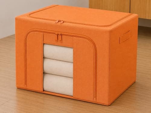 XLarge 92L Foldable Storage Organizer Bin with Metal Frame Zipper Closure Clear Window Reinforced Handles Wardrobe Storage Box for Blankets Comforters Bedding Clothes Quilts 60x40x38cm (Orange)