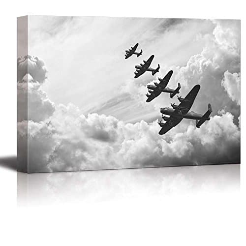 Canvas Prints Wall Art - Black and White Retro Image of Lancaster Bombers from Battle of Britain in World War 2 | Modern Wall Art Stretched Gallery Canvas Wrap Print & Ready to Hang - 16" x 24"
