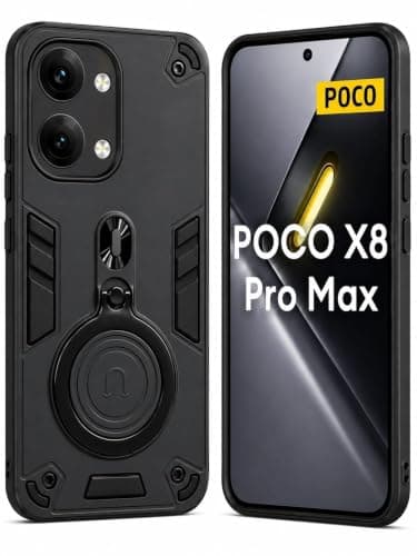 Case Compatible with Poco X8 Pro Max Dual Layer Protective Shockproof Hard Armor Cover 360° Rotating Finger Ring Kickstand and Car Magnetic Mount, Black Cellular phone case