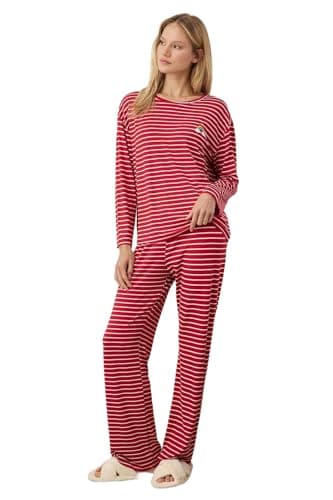 Trendyol Rainbow Printed Red Striped Viscose Pajamas Set - Thmaw25Pt00014,Claret Red S