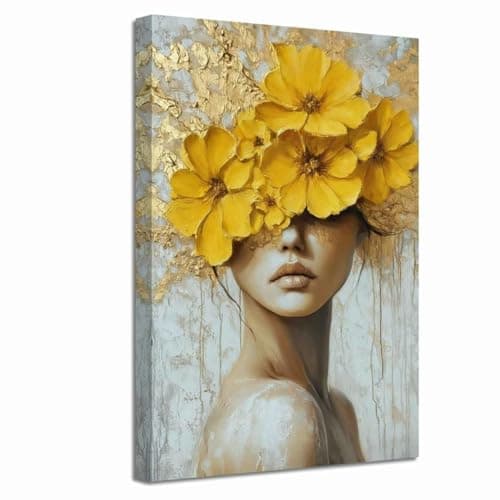 ZXHYWYM Gold and Gray Yellow Floral Wall Decor Abstract Blooming Flowers Picture Prints Abstract Women Canvas Neutral Art Poster Paintings for Girl Bedroom Bathroom (Yellow, (18" L x 12" W))