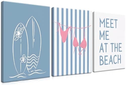 Coastal Beach Surfing Wall Art Set of 3, Preppy Bikini Shells Canvas Wall Decor Paintings, Blue Summer Meet Me at the Beach Posters Prints Pictures for Girly Dorm Bedroom Bathroom 16x24 Inch Framed