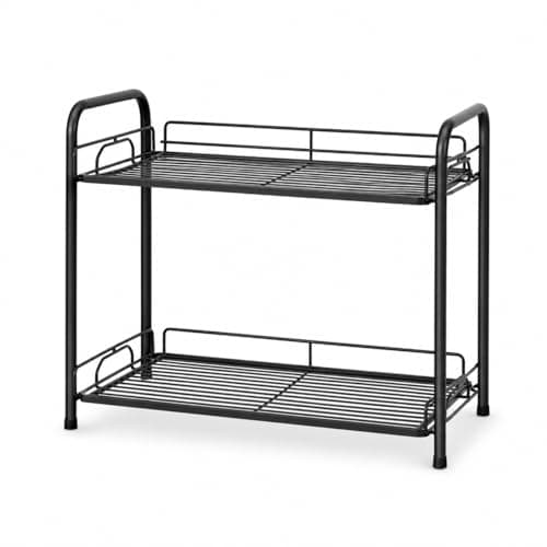 Metal Storage Rack 2 Tier Black Kitchen Spice Oil Jar Organizer Open Structure with Non-Slip Legs