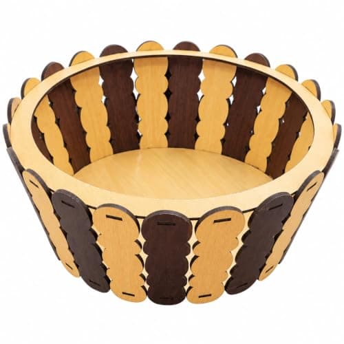 Decorative Wooden Basket Alternating Light and Dark | Special round design, Cutout decorative panels, fruits and accessories, trendy rustic style, versatile