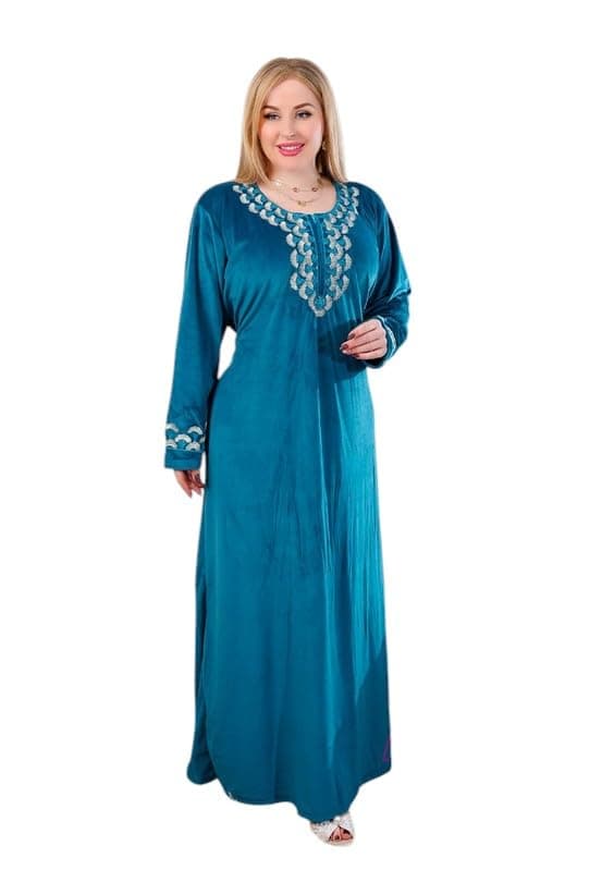 Women’s Long-Sleeve Embroidered Loungewear Kaftan | Modest Full-Length Home Dress | Plus Size 4031-Blue Nightgown nightshirt