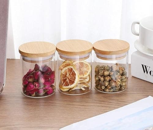 Circle M 3-Piece 220ml Clear Glass Jars with Bamboo Lid: Kitchen Pantry Storage for Nuts Tea – Clear