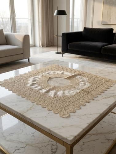 Generic Square Lace Tablecloth, Beige, Decorative Scalloped Border, 1 x 1 Metre, .ms